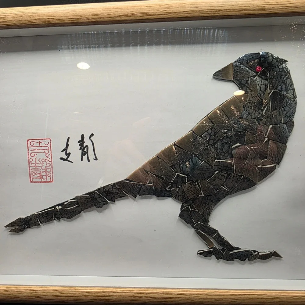 Handmade Mosaic Bird Art Framed Mixed Media Shard Wall Decor Signed with Seal